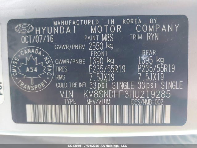 KM8SNDHF3HU219285 Hyundai gdi lambda ii