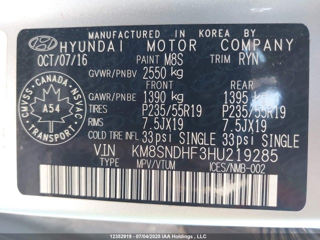 KM8SNDHF3HU219285 Hyundai gdi lambda ii