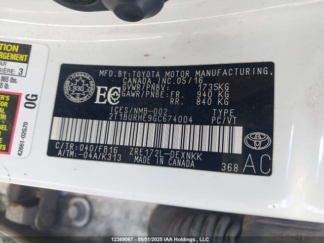 2T1BURHE9GC674004 Toyota 2zr-fe