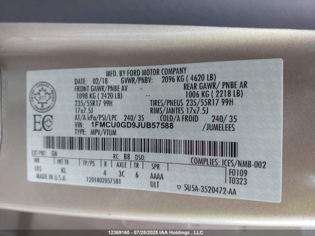 1FMCU0GD9JUB57588 Ford 1.5l gtdi sigma w/premium fuel
