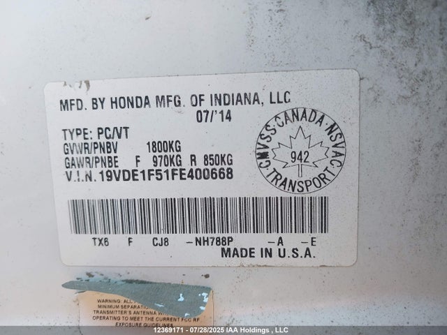 Acura r20a5 2015 19VDE1F51FE400668 Image 9