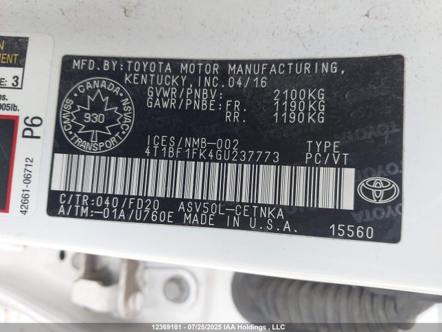 4T1BF1FK4GU237773 Toyota 2ar-fe