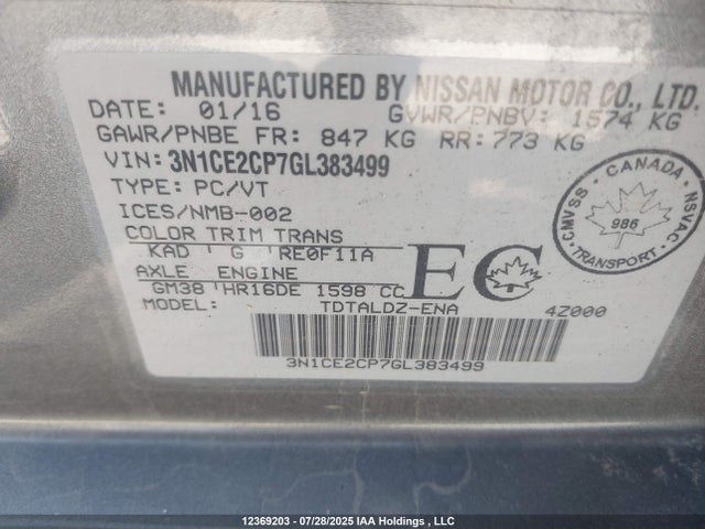 Nissan 2016 2016 3N1CE2CP7GL383499 Image 9