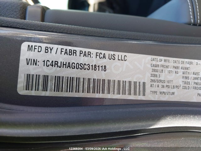 1C4RJHAG0SC318118 Jeep Grand Cherokee Altitude