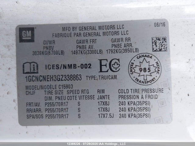 1GCNCNEH3GZ338863 Chevrolet lv3 - sidi, vvt, aluminum, e85 max