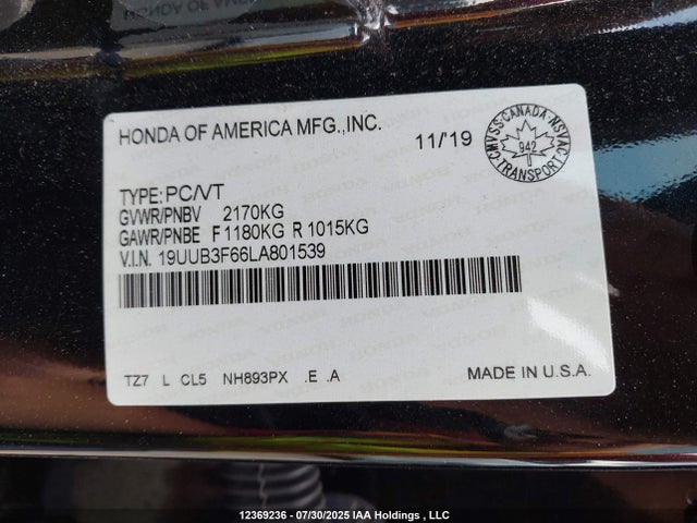 Acura j35y6 2020 19UUB3F66LA801539 Image 9
