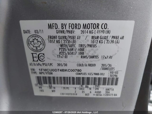 Продажа на аукционе авто 2011 Ford Escape Xlt Automatic, vin: 1FMCU0D74BKC00780, номер лота: 12369257
