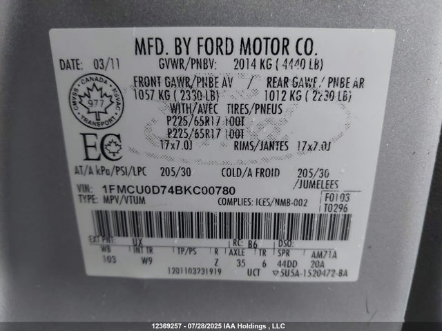 Продажа на аукционе авто 2011 Ford Escape Xlt Automatic, vin: 1FMCU0D74BKC00780, номер лота: 12369257