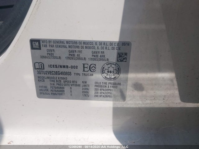 3GTU2VEC3EG493803 GMC l83 - vvt, afm (active fuel management), aluminum