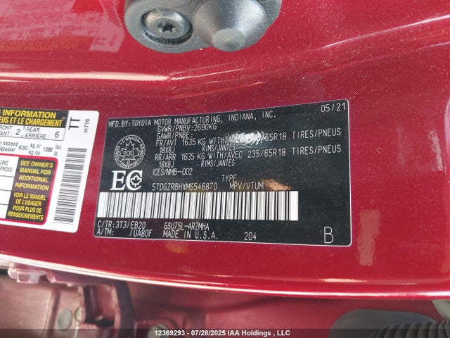 5TDGZRBHXMS546870 Toyota 2gr-fks