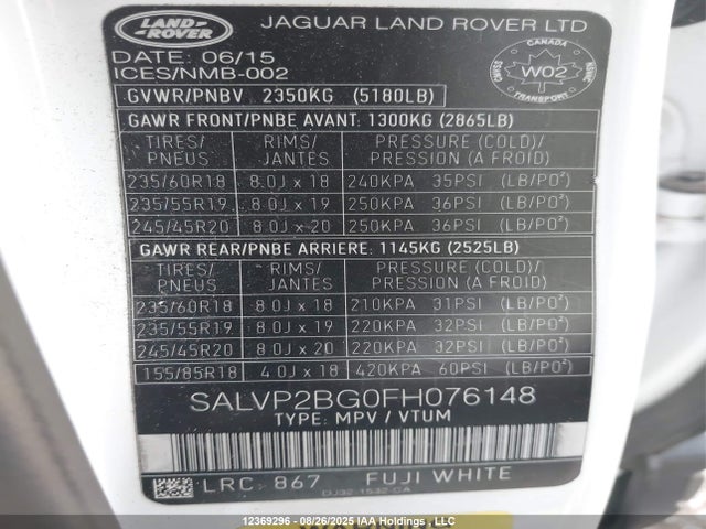 SALVP2BG0FH076148 Land Rover lev3 sulev30