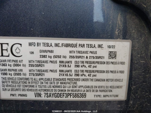 7SAYGDEF3PF586369 Tesla Model Y