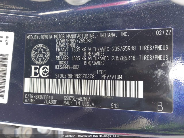 5TDGZRBH3NS570378 Toyota 2gr-fks