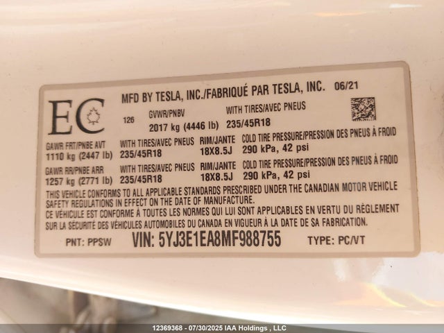Tesla 2021 2021 5YJ3E1EA8MF988755 Image 19