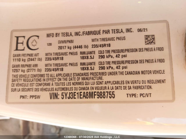 Tesla 2021 2021 5YJ3E1EA8MF988755 Image 9