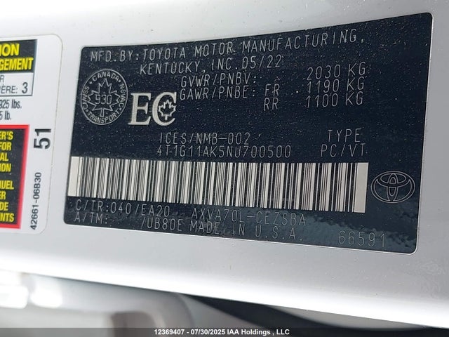 4T1G11AK5NU700500 Toyota a25a-fks