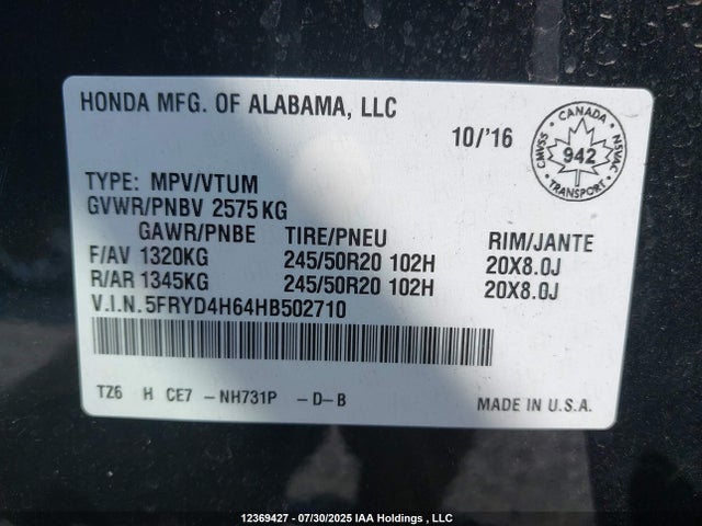 Acura j35y5 2017 5FRYD4H64HB502710 Image 9
