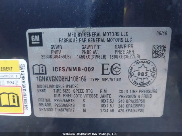 1GNKVGKD8HJ108169 Chevrolet llt - sidi: spark ignited direct injection, alum, 60 degrees