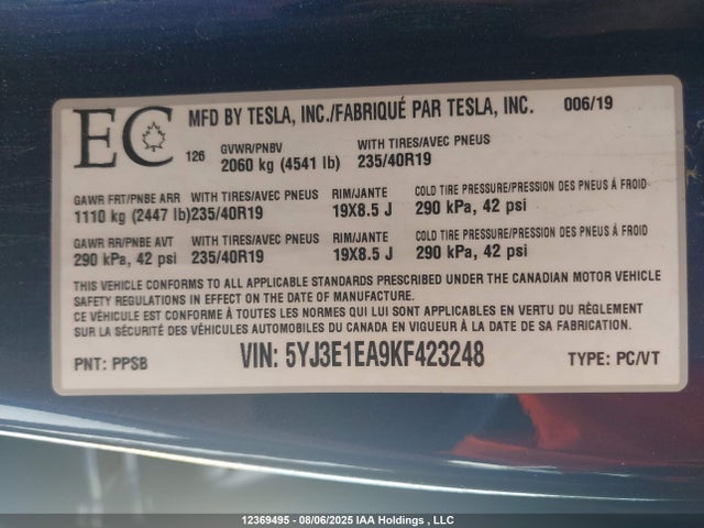 5YJ3E1EA9KF423248 Tesla 2019