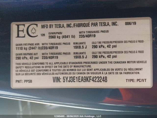 5YJ3E1EA9KF423248 Tesla 2019