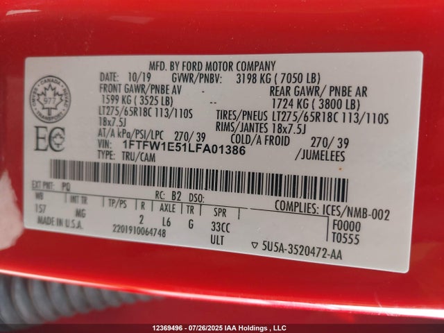 Ford 5.0l 4v 2020 1FTFW1E51LFA01386 Image 9