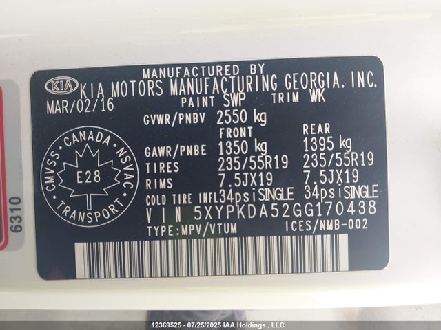 5XYPKDA52GG170438 KIA dohc gdi lambda ii