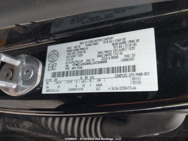Ford 2020 2020 1FMCU0G66LUC00689 Image 9