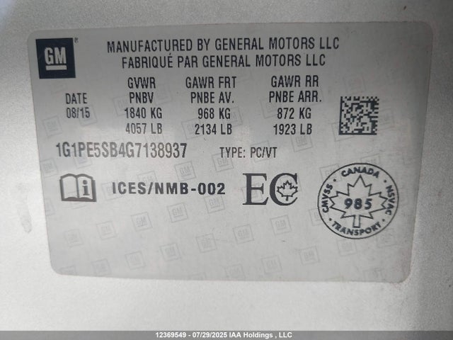 1G1PE5SB4G7138937 Chevrolet Cruze Limited Lt