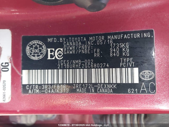 2T1BURHE2GC680274 Toyota 2zr-fe