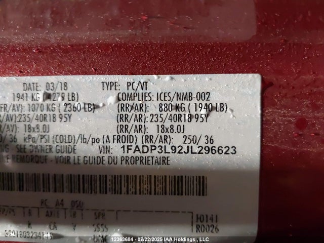 1FADP3L92JL296623 Ford 2.0l gtdi