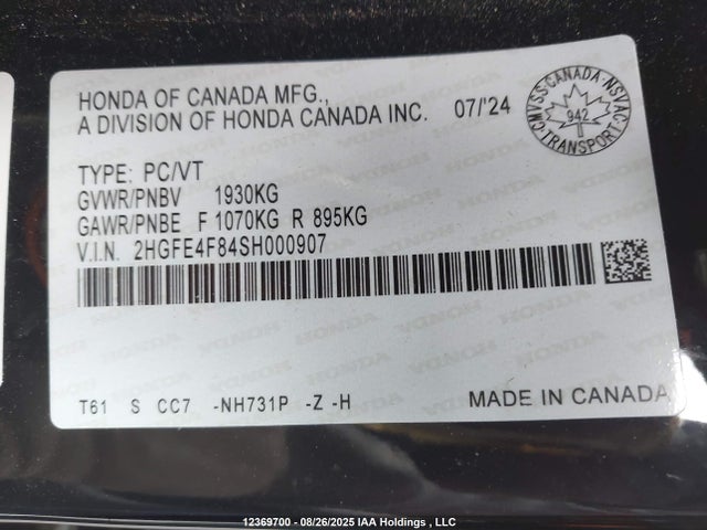 Honda lfc3 2025 2HGFE4F84SH000907 Image 9