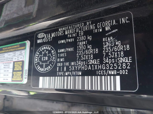 5XYPHDA1XHG325282 KIA Sorento