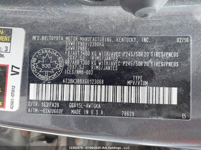 Toyota 2gr-fe 2016 4T3BK3BBXGU123068 Image 9