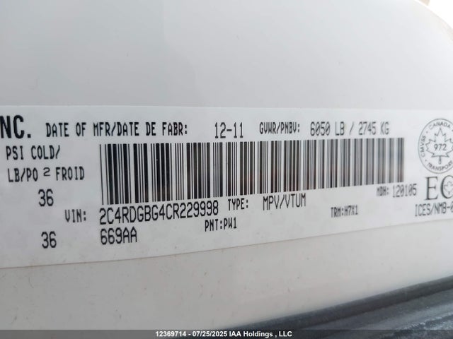 Aukcja sprzedaży 2012 Dodge Grand Caravan Se/sxt, vin: 2C4RDGBG4CR229998, numer aukcji: 12369714