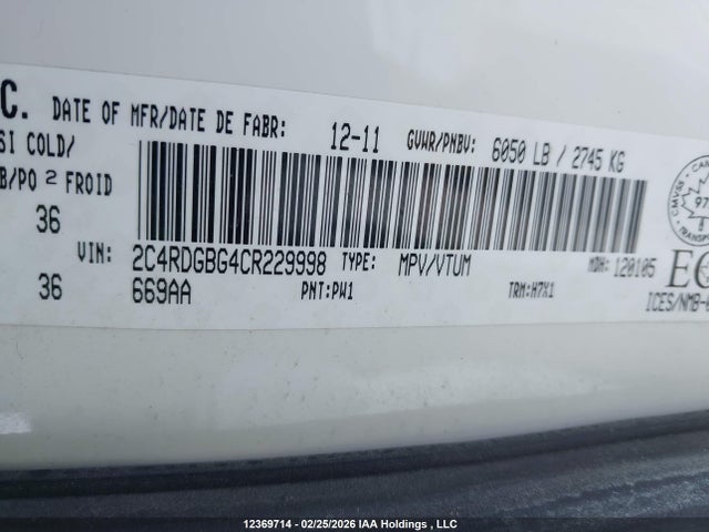 Aukcja sprzedaży 2012 Dodge Grand Caravan Se/sxt, vin: 2C4RDGBG4CR229998, numer aukcji: 12369714