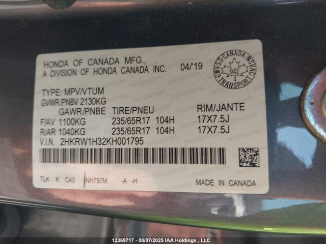 2HKRW1H32KH001795 Honda k24w9/k24v9