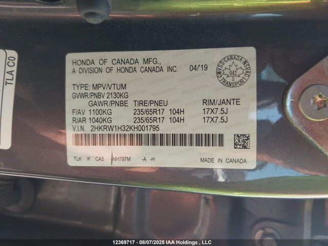 2HKRW1H32KH001795 Honda k24w9/k24v9