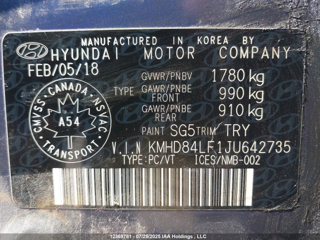 KMHD84LF1JU642735 Hyundai mpi nu