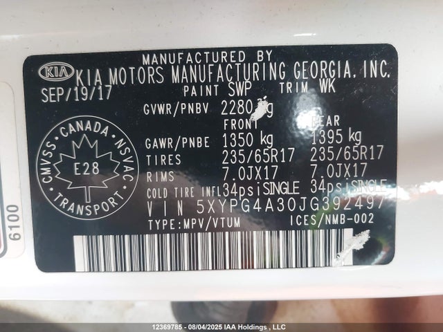 5XYPG4A30JG392497 KIA gdi theta-ii