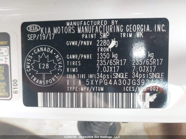 5XYPG4A30JG392497 KIA gdi theta-ii