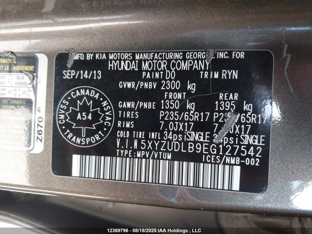 5XYZUDLB9EG127542 Hyundai gdi theta