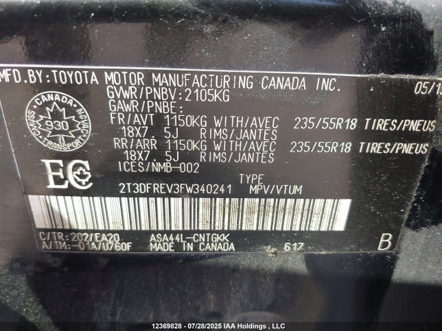 Toyota 2ar-fe 2015 2T3DFREV3FW340241 Image 9