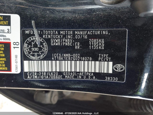 12369846 :رقم المزاد ، 4T1BK1EB7GU218079 vin ، 2016 Toyota Avalon Limited/touring مزاد بيع