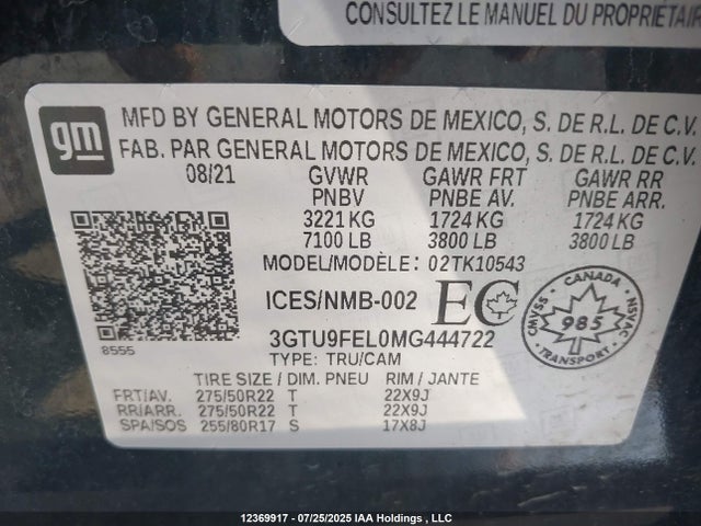 3GTU9FEL0MG444722 GMC l87 - di dfm, alum, gen 5