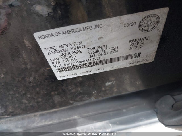 Acura j35y5 2020 5J8YD4H44LL803727 Image 9