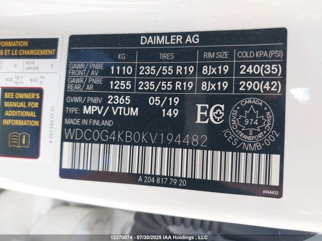 WDC0G4KB0KV194482 Mercedes-Benz m274
