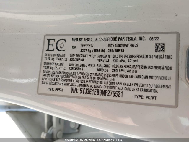 5YJ3E1EB9NF275521 Tesla MODEL 3