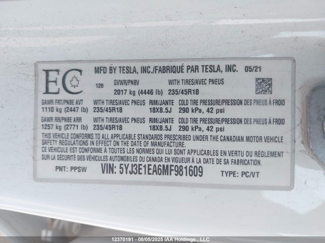 5YJ3E1EA6MF981609 Tesla MODEL 3