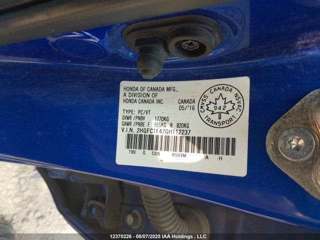 Продажа на аукционе авто 2016 Honda Civic Ex, vin: 2HGFC1F47GH112237, номер лота: 12370226