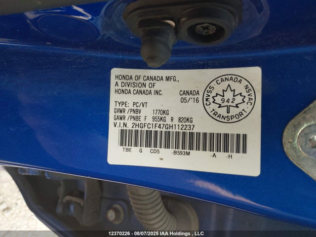 Продажа на аукционе авто 2016 Honda Civic Ex, vin: 2HGFC1F47GH112237, номер лота: 12370226
